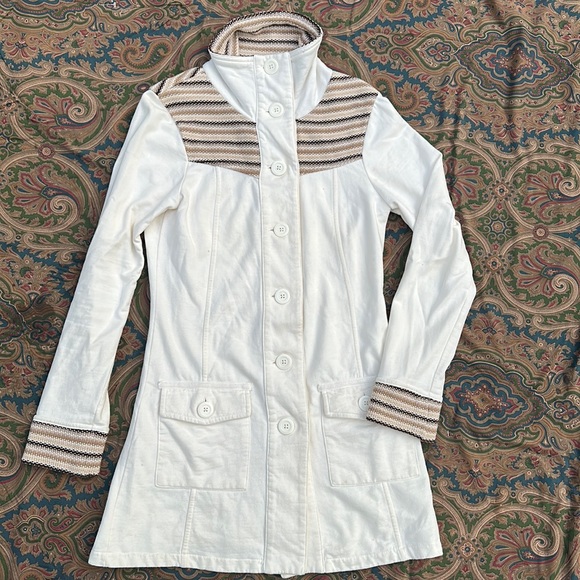 PRANA ROWEN Knit Woven Trim Long coat
Button down cotton stretch cream& brown S - Picture 4 of 10